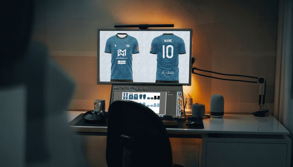 HEPTA custom jersey set design mockup displayed on screen showing club colours and badge placement for a Maldivian football team